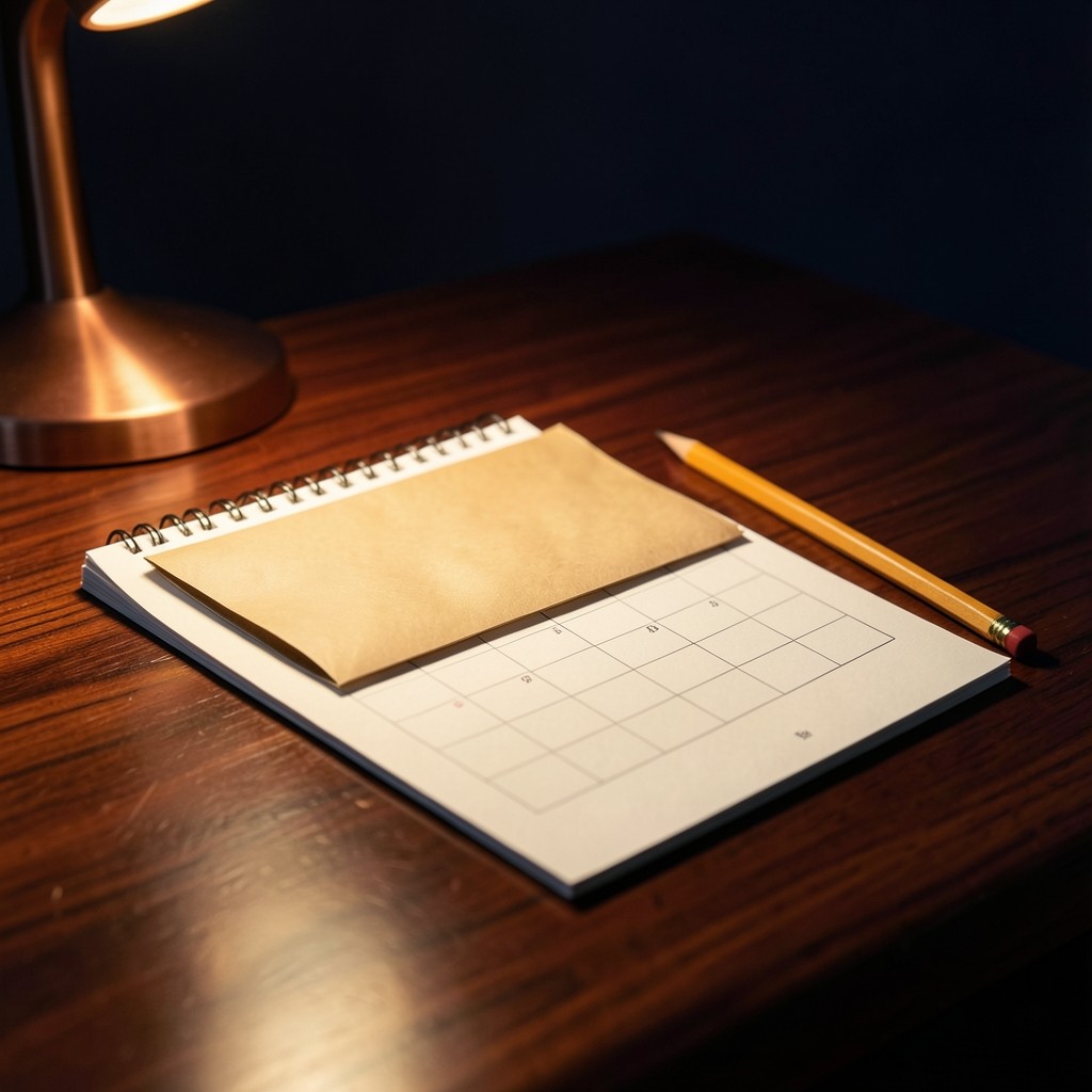 A kraft envelope and a pencil resting on a blank desk calendar in warm lamplight
