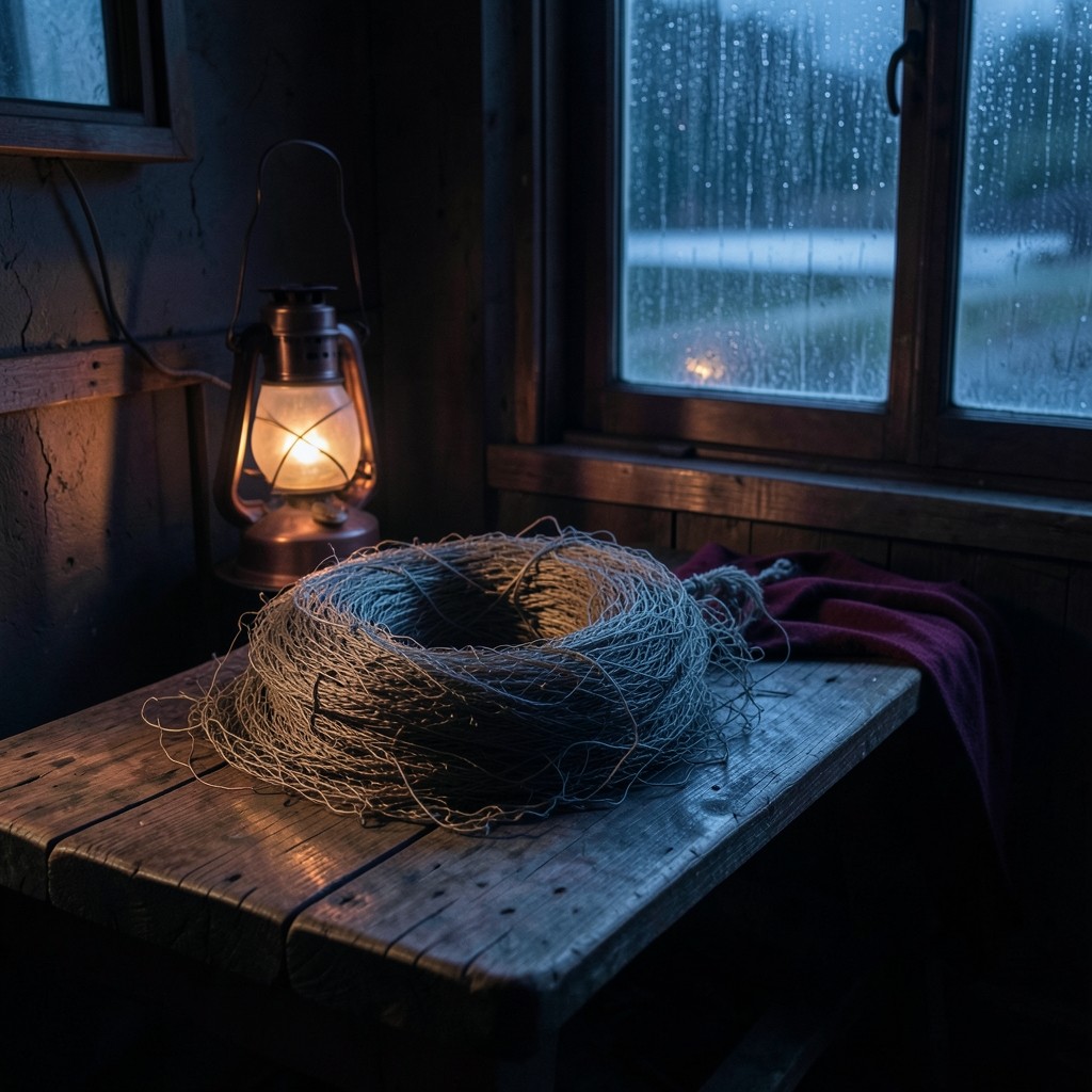 A coiled fishing net on a wooden bench in a dim coastal room at night