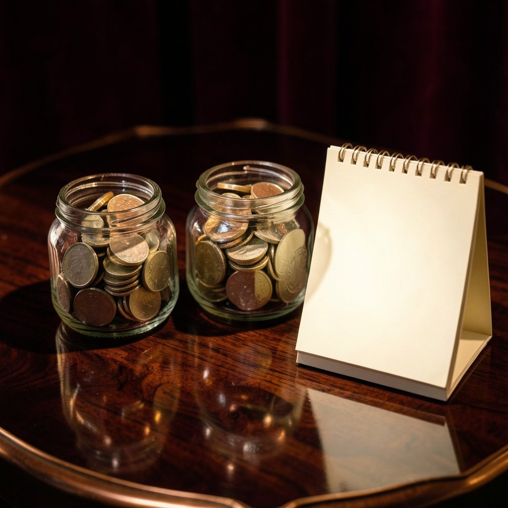 Three small ceramic jars of coins beside a blank calendar on dark wood