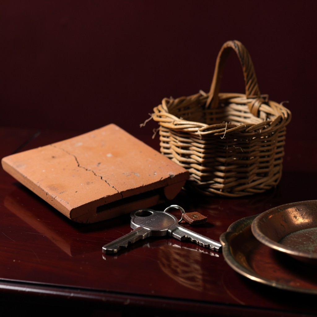 A motorcycle key, a clay roof tile, and a market basket arranged on lacquered wood