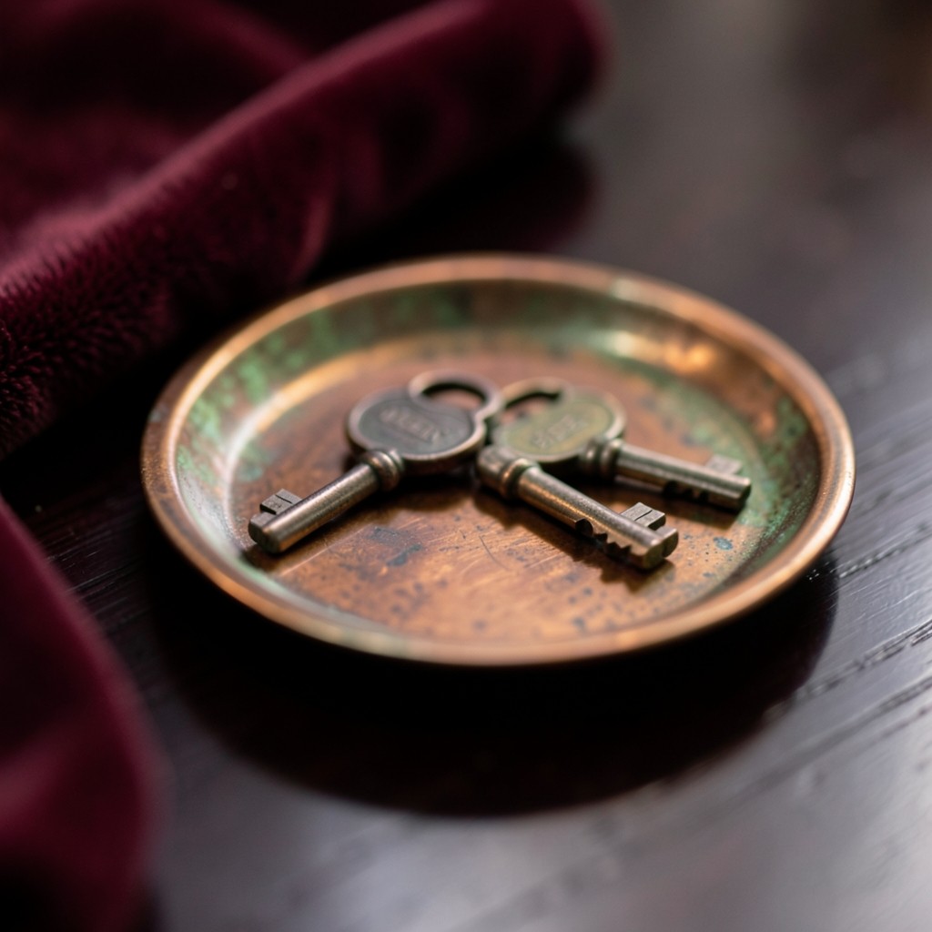 Two household keys resting on a small antique copper tray