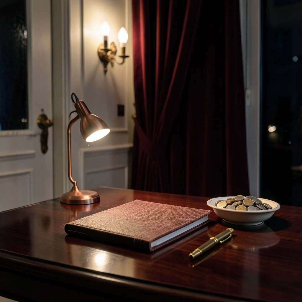 Evening meeting table in a lacquered-wood office with burgundy velvet curtains and a copper lamp