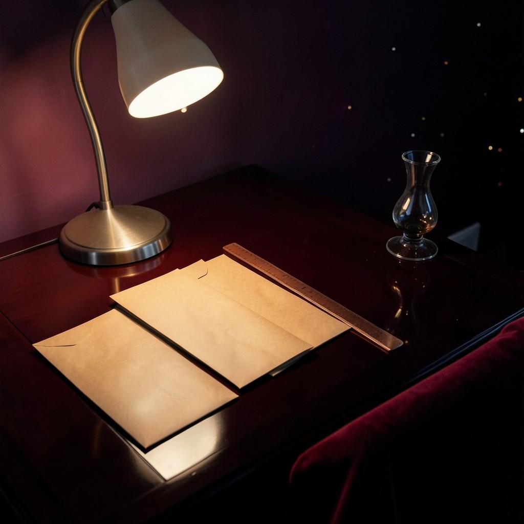 Dark wood table with envelopes, a copper ruler, and a velvet cloth arranged in a quiet sequence