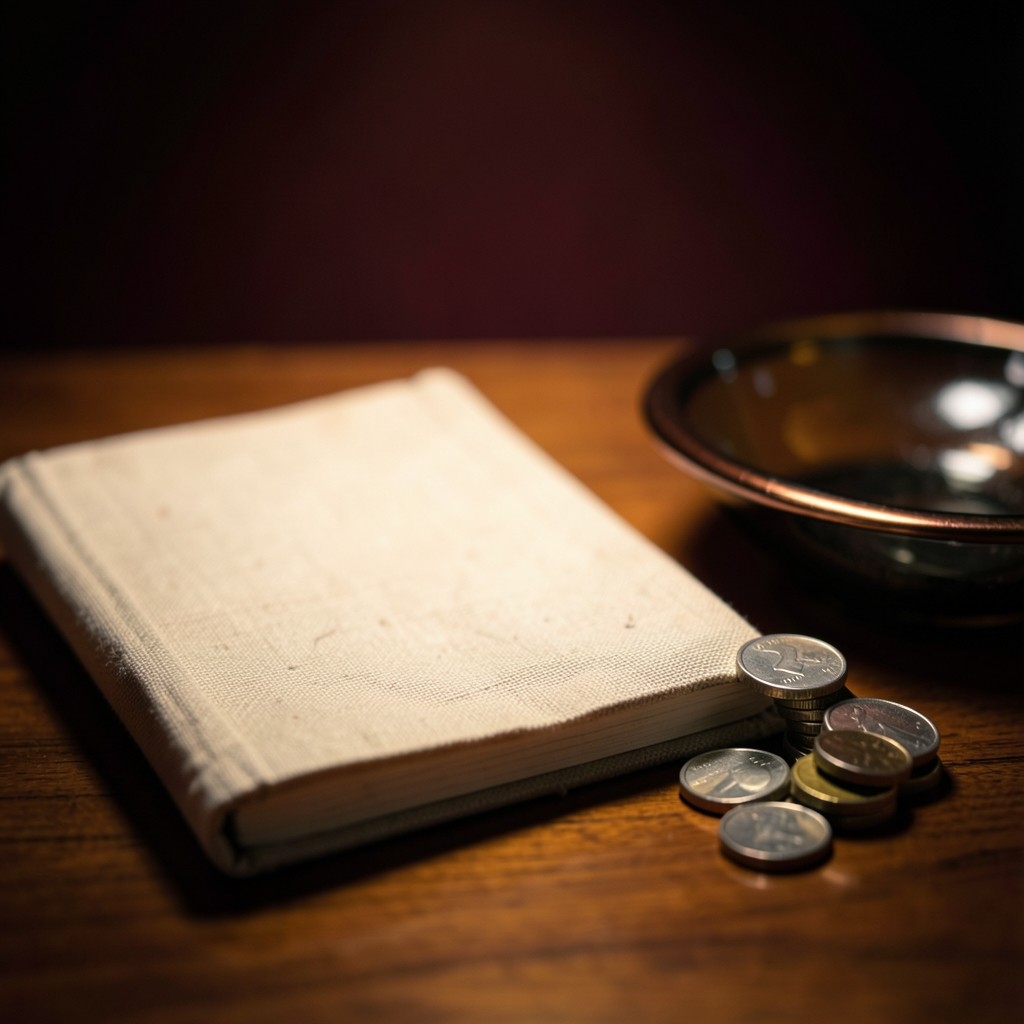 A closed notebook and a small stack of coins on smoked glass under a warm lamp