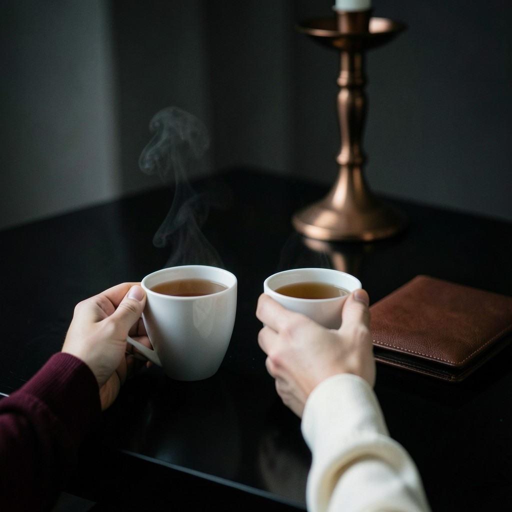 Two porcelain cups and a closed leather folder on a dark wood table