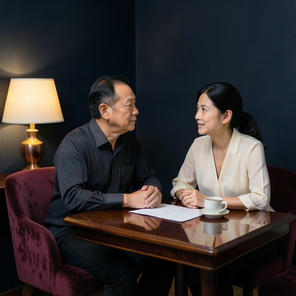 Two adults at a lacquered table in the evening, with tea cups and blank papers between them