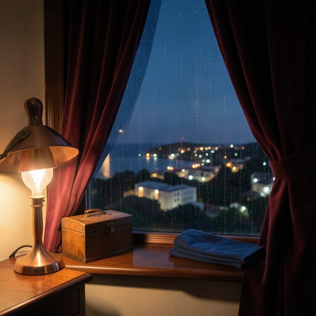 A wooden cash box and folded cloth on a sill beside a rain-streaked window at night